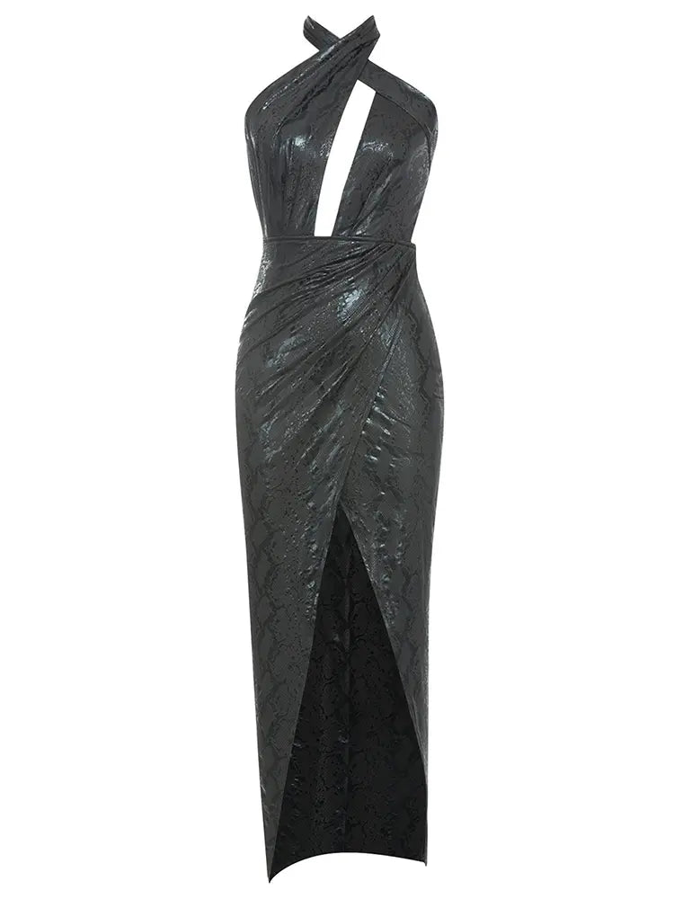 Seksi Sırt Dekolteli Halter Yırtmaç Elbise