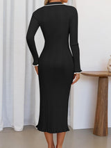 Yaka Detaylı Uzun Kollu Triko Elbise