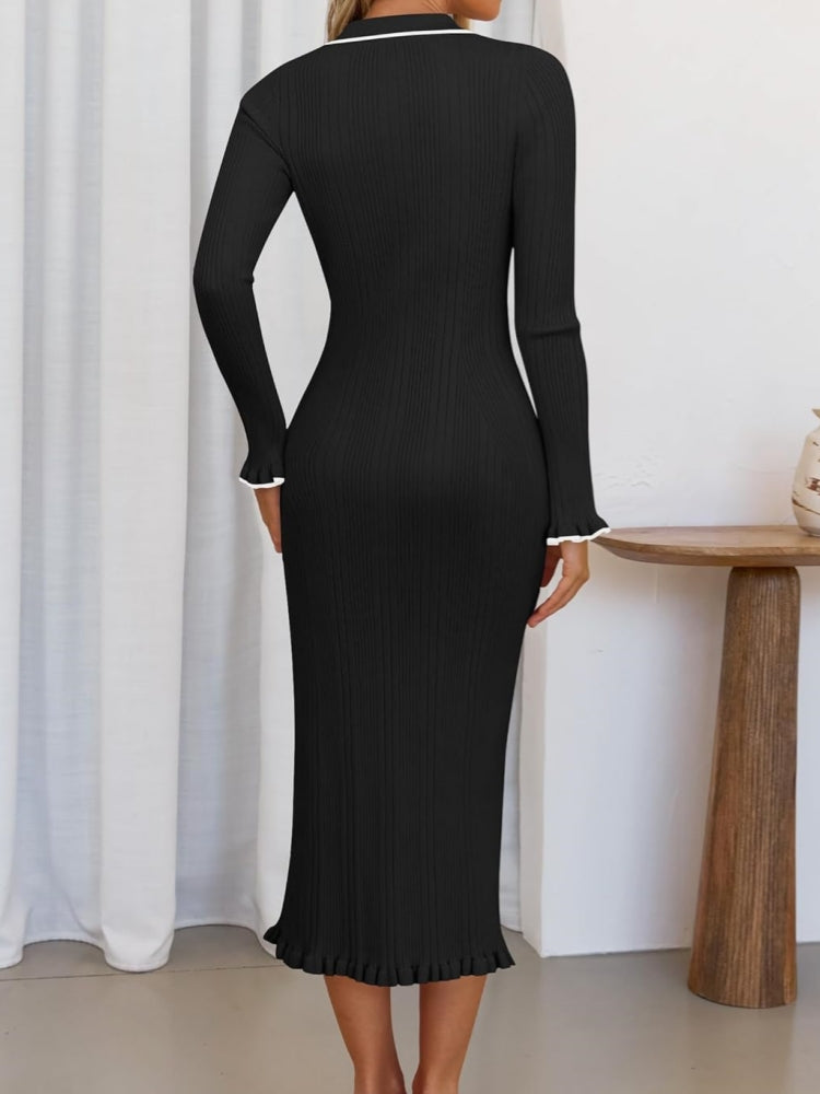 Yaka Detaylı Uzun Kollu Triko Elbise