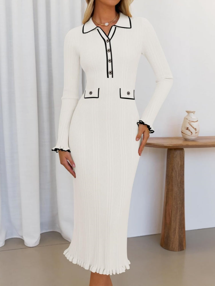 Yaka Detaylı Uzun Kollu Triko Elbise