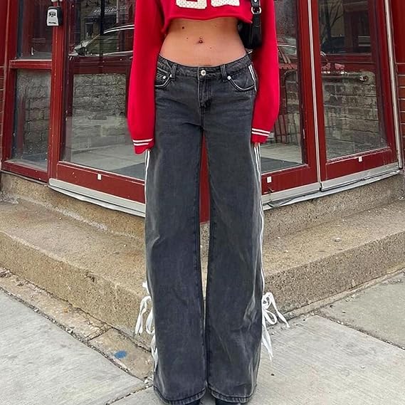 Düşük Bel Bol Yan Çizgili Fiyonklu Geniş Paça Kot Pantolon