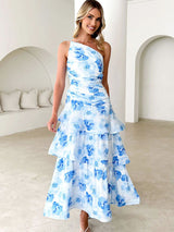 Tek Omuzlu Askılı Çiçek Desenli Elbise