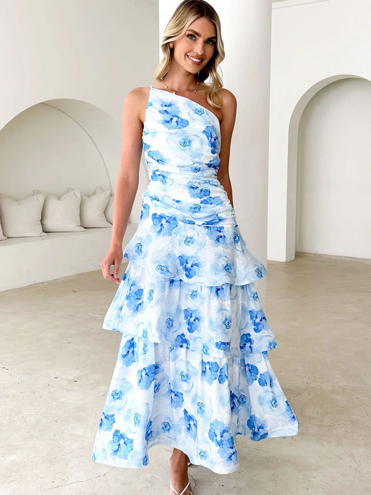 Tek Omuzlu Askılı Çiçek Desenli Elbise