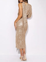 Payetler Boyundan Bağlı Asimetri Midi Elbise