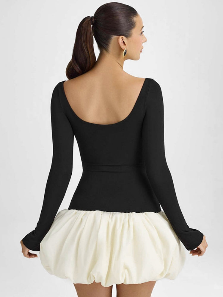 Şık U-Yaka Renk Bloklu Elbise