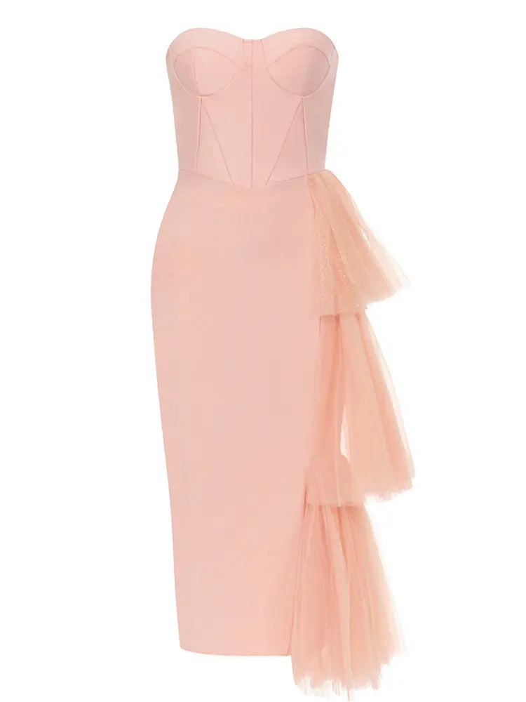 Askısız Dantel Yırtmaçlı Bandaj Elbise