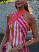 Sunset Samba Cross-Halter Stripe Dress