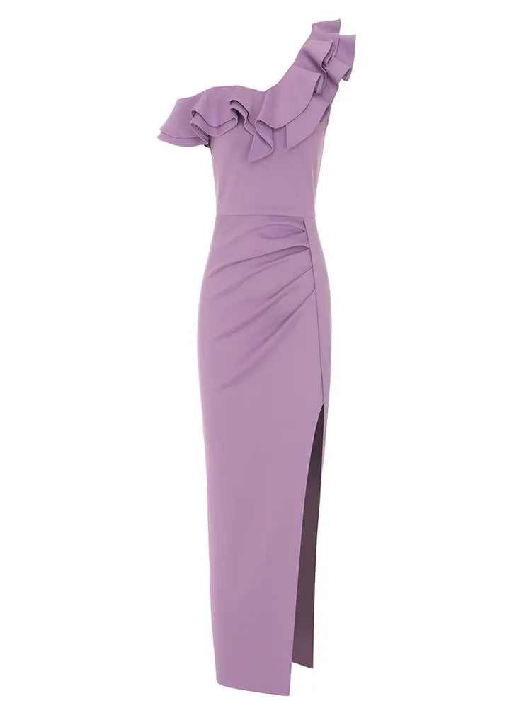Seksi Omuz Drapeli Yırtmaçlı Elbise