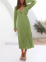 Mountain Vistas Dökümlü Pileli Çan Kol Midi Elbise