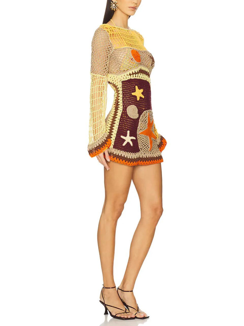 Mercan Resifi İlhamlı Desenli Kroşe Mini Elbise