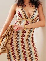 Boyundan Bağlamalı V Yaka Sırtı Açık Boho Desenli Örgü Dar Kesim Tatil Maxi Elbisesi-Bej