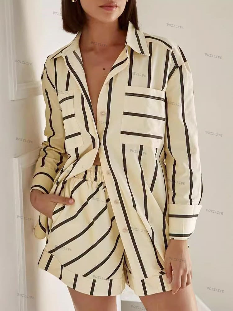 Stripe Renk Bloklu Baskılı Gömlek & Şort Seti