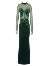 Seksi Kadife File Kollu Elbise