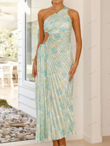 Plise Tek Omuz Kesik Bel Çiçekli Elbise