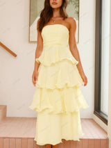 Şık Askısız Sırt Dekolteli Katmanlı Midi Elbise