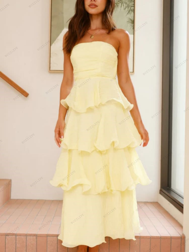 Şık Askısız Sırt Dekolteli Katmanlı Midi Elbise