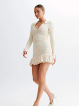 Fırfırlı İnci Düğmeli Triko Mini Elbise