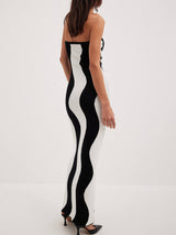 Dalgalı Çizgili Kontrast Bandeau Midi Elbise