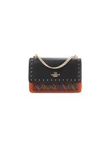 Studded Letter Print Chain Top Handle Bag