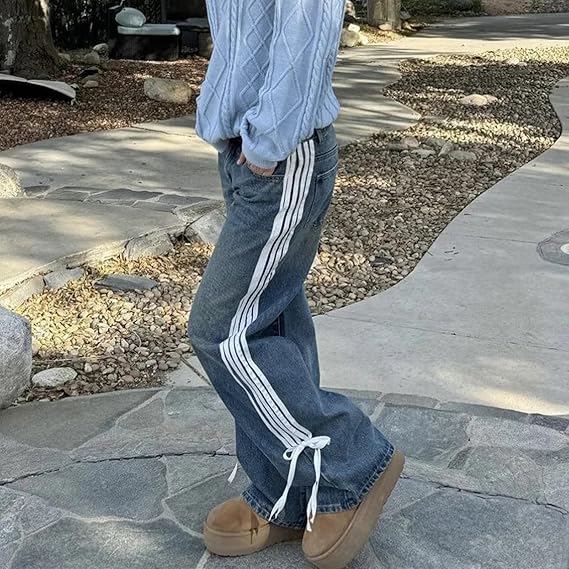 Düşük Bel Bol Yan Çizgili Fiyonklu Geniş Paça Kot Pantolon