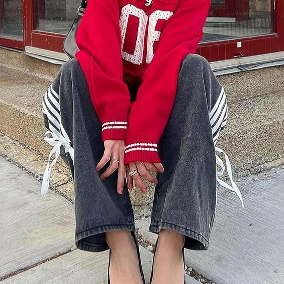 Düşük Bel Bol Yan Çizgili Fiyonklu Geniş Paça Kot Pantolon