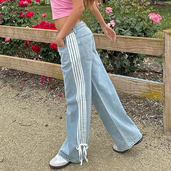 Düşük Bel Bol Yan Çizgili Fiyonklu Geniş Paça Kot Pantolon