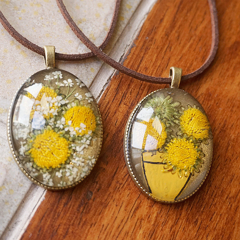 Reçine Preslenmiş Çiçek Kolyeler - Van Gogh Ayçiçeği