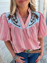 Prairie Horse Gingham Puff Sleeve Blouse