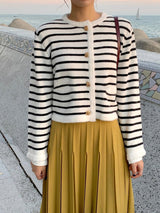 Günlük Yuvarlak Yaka Çizgili Örgü Hırka Kazak Takım