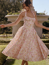 Pembe Çayır Desenli Sırt Açık Midi Askılı Elbise