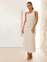 Günlük Düz Renk Kolsuz Sırtı Açık Boyundan Bağlamalı Midi Elbise