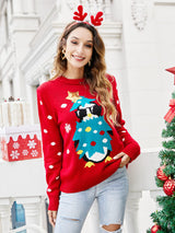 Yuvarlak Yaka Rahat Penguen Nakışlı Örgü Kazak