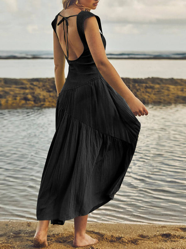 Kare Yaka Patchwork Boho Maxi Elbise