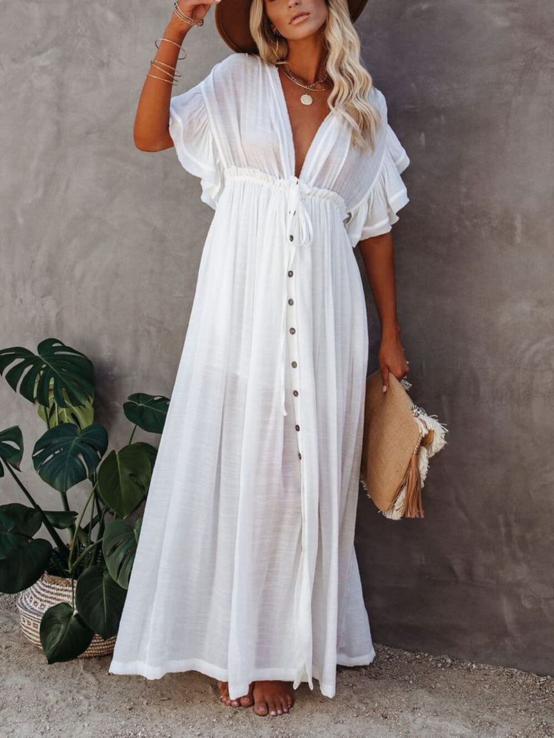 Düğmeli Pamuk Keten Mükemmel Plaj Boho Maxi Elbise