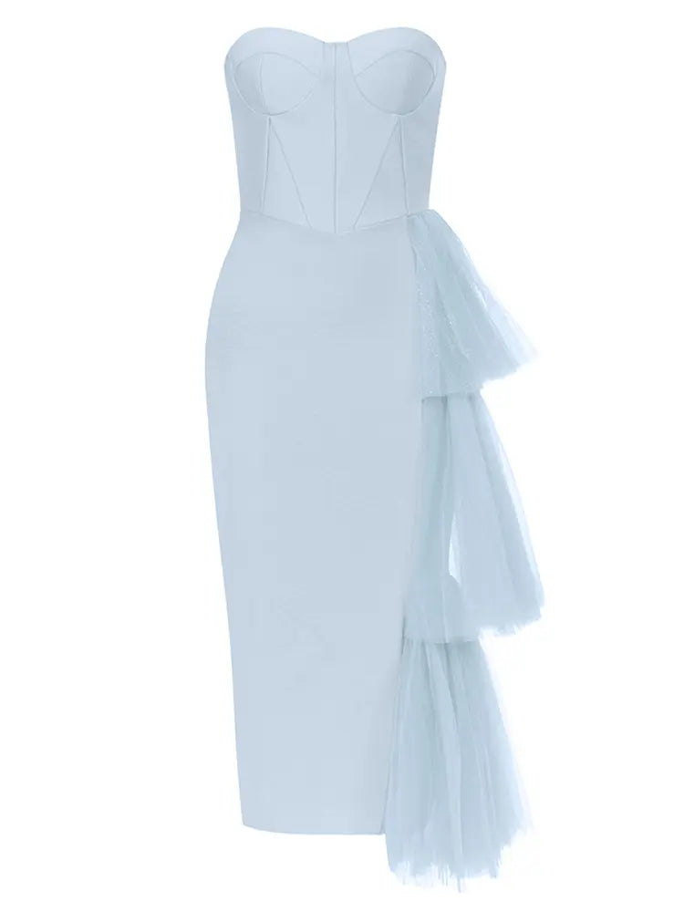 Askısız Dantel Yırtmaçlı Bandaj Elbise