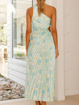 Plise Tek Omuz Kesik Bel Çiçekli Elbise