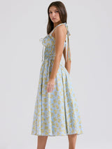 Yumuşak Mavi Vintage Çiçek Desenli Sırtı Açık Tank Elbise