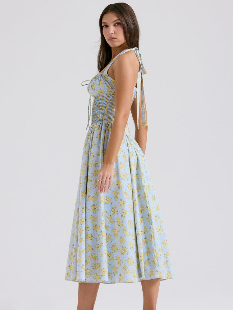 Yumuşak Mavi Vintage Çiçek Desenli Sırtı Açık Tank Elbise