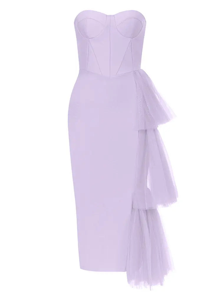 Askısız Dantel Yırtmaçlı Bandaj Elbise