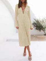 Mountain Vistas Dökümlü Pileli Çan Kol Midi Elbise