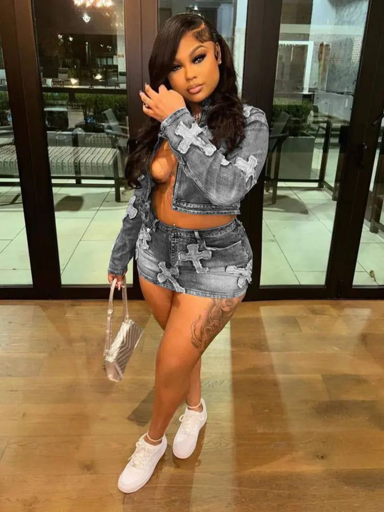 Tasarımcı Kot Etek ve Ceket Seti