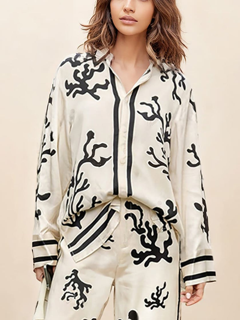 Geniş Paça Siluet Baskılı Pantolon-Takım