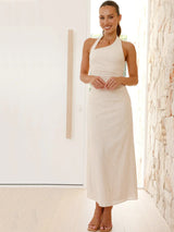 Günlük Düz Renk Kolsuz Sırtı Açık Boyundan Bağlamalı Midi Elbise