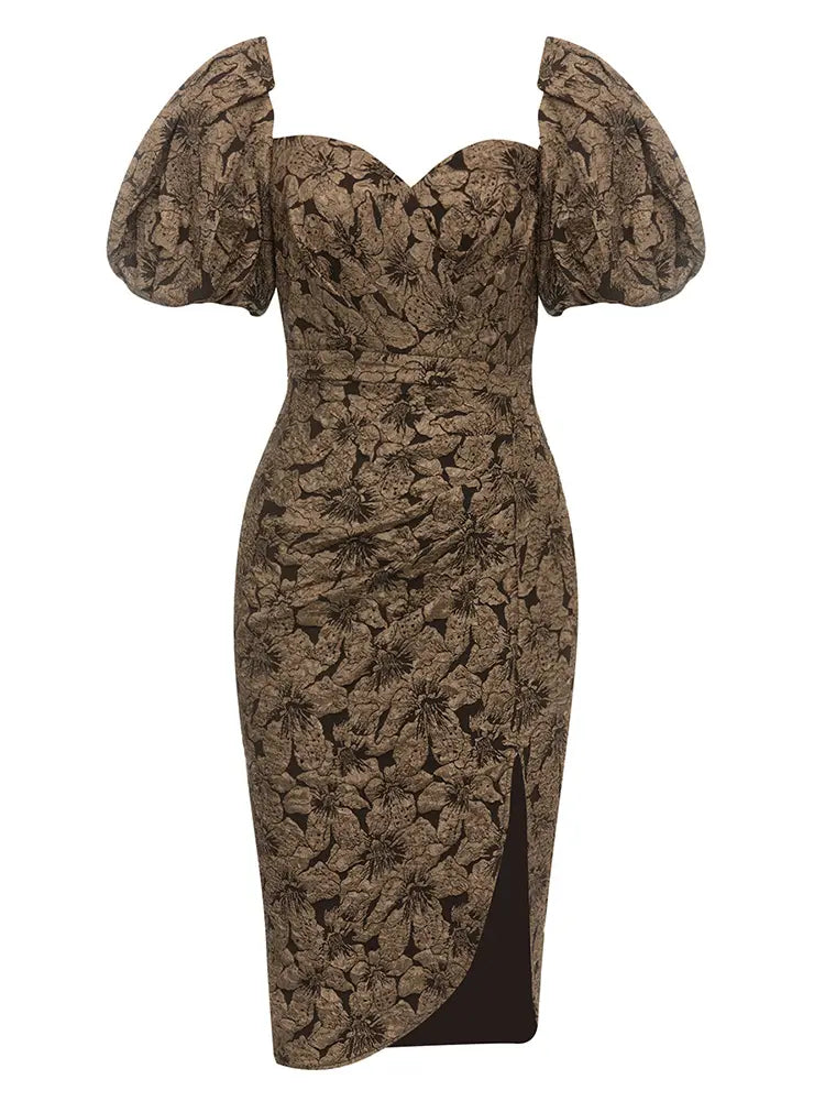 Vintage Kare Yaka Puff Sleeve Elbise