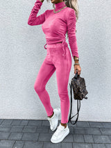 Günlük Günlük Tek Renk Büzme İpli Katlama Balıkçı Yaka Uzun Kollu İki Parça