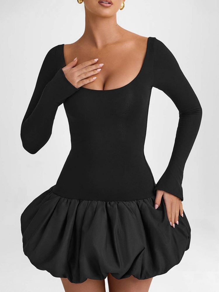 Şık U-Yaka Renk Bloklu Elbise