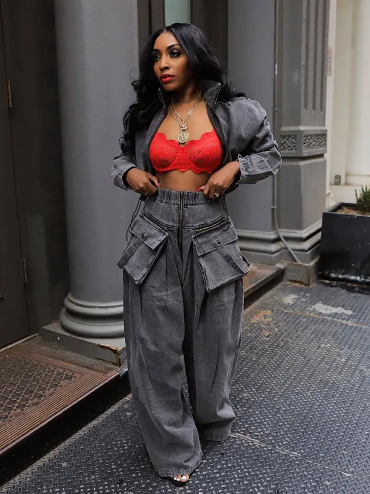 Vintage Geniş Paça Denim İkili Takım