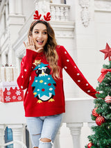 Yuvarlak Yaka Rahat Penguen Nakışlı Örgü Kazak