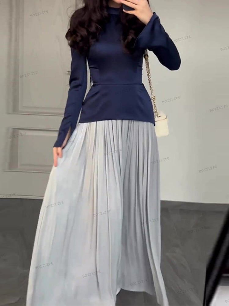 Renk Blok Ekleme Dar Kesim Bağcıklı Uzun Kollu Maxi Elbise