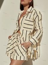 Stripe Renk Bloklu Baskılı Gömlek & Şort Seti